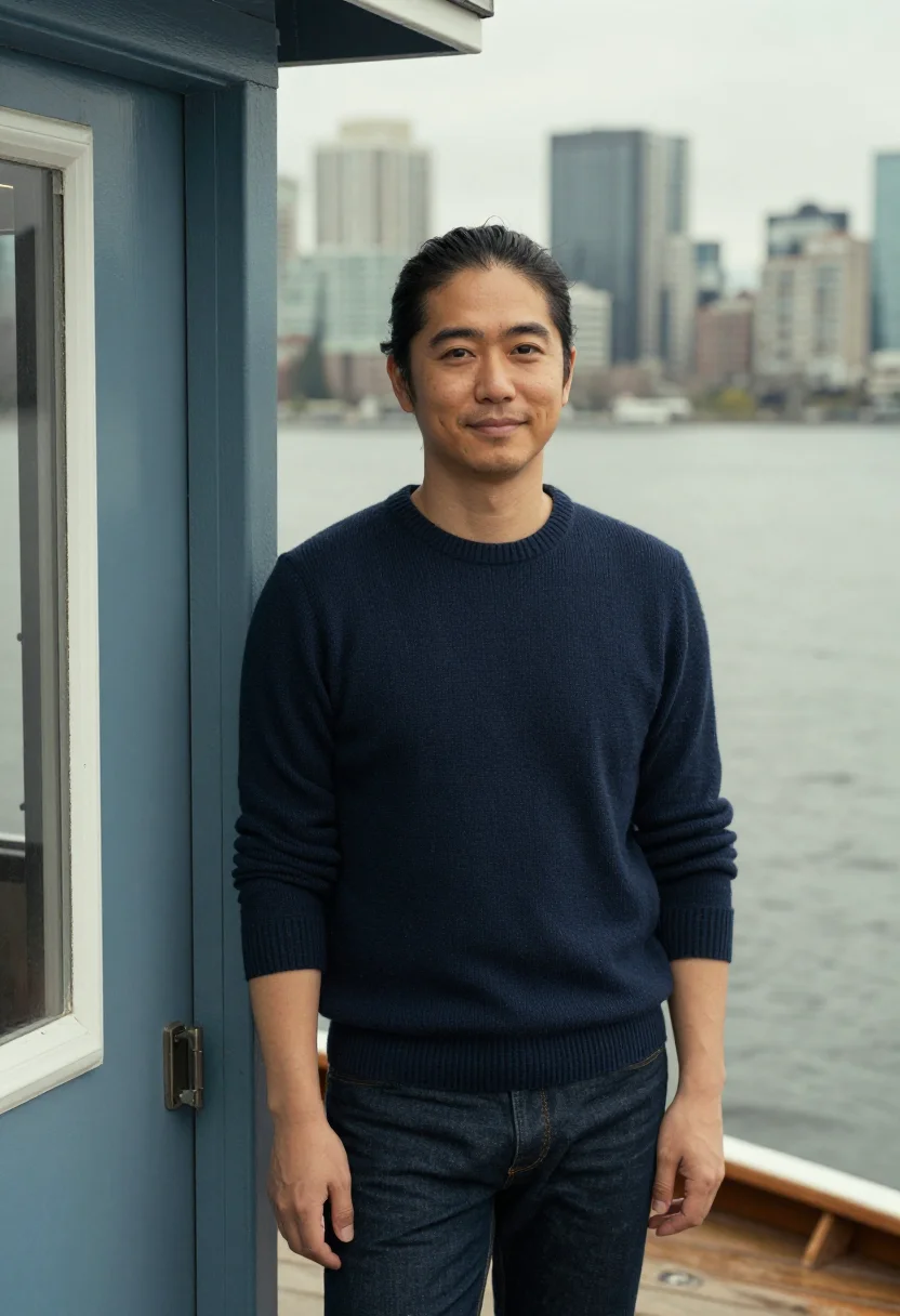 AI sleepless in seattle lake union houseboat navy sample — portrait of a man, a Japanese-American man in his early thir