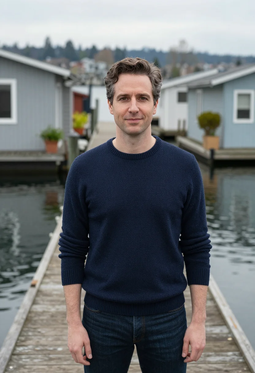 AI sleepless in seattle lake union houseboat navy sample — portrait of a man, an American man of German descent in his