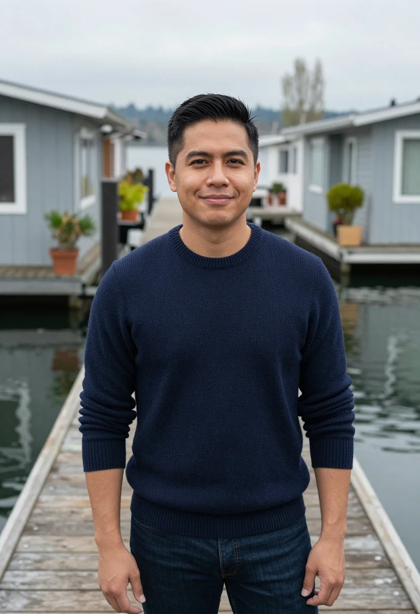 AI sleepless in seattle lake union houseboat navy sample — portrait of a man, a Filipino-American man in his late twent
