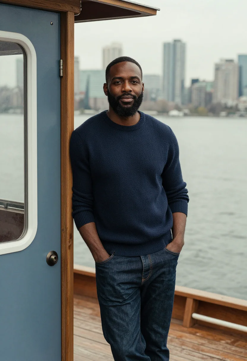 AI sleepless in seattle lake union houseboat navy sample — portrait of a man, an African-American man in his early thir