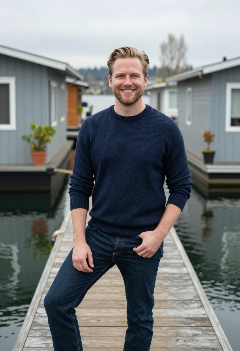 AI sleepless in seattle lake union houseboat navy sample — portrait of a man, an American man of English descent in his
