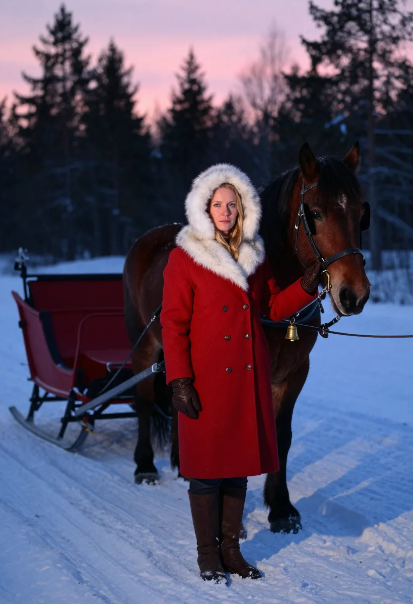 AI sleigh ride sample — portrait of a woman, wide full-length portrait of a Norwegia