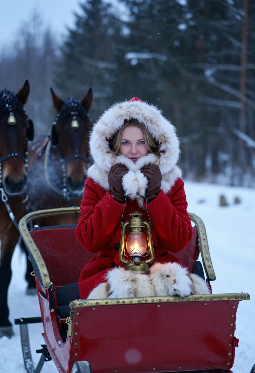 AI sleigh ride sample — portrait of a woman, close portrait of a Russian woman in he