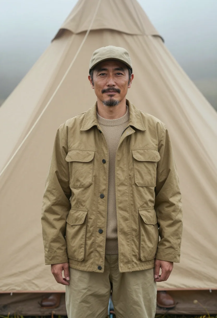 AI snow peak niigata titanium camp khaki men sample — portrait of a man, a Japanese man in his mid-forties with wa
