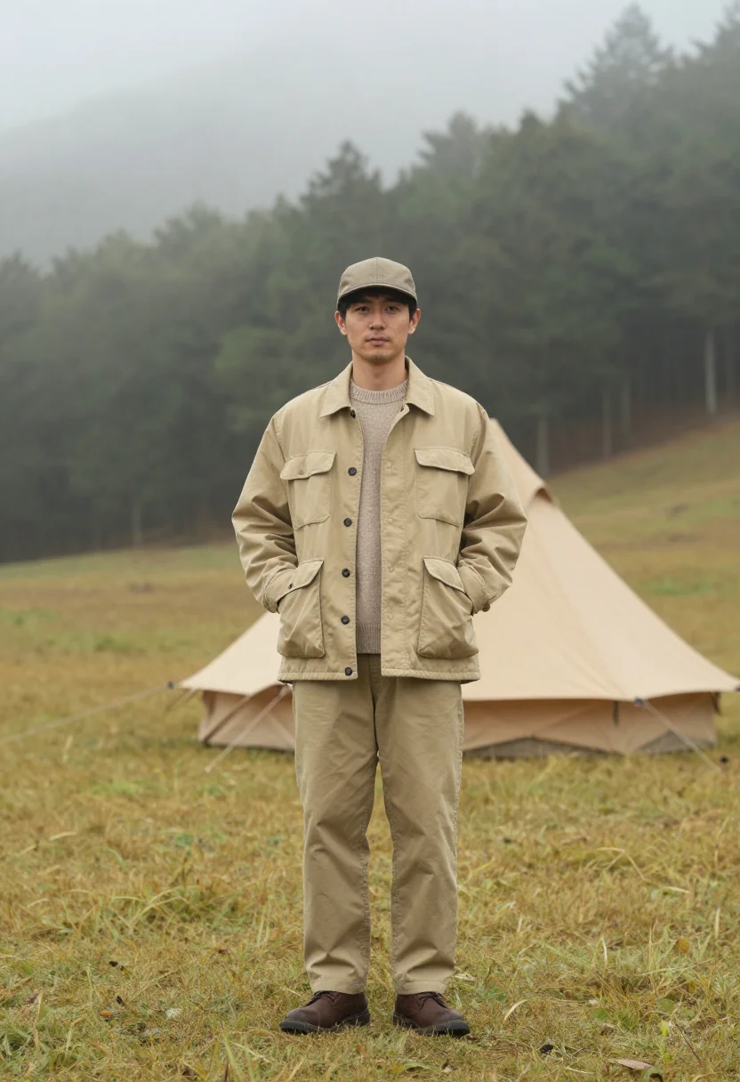 AI snow peak niigata titanium camp khaki men sample — portrait of a man, a Japanese man in his late twenties with