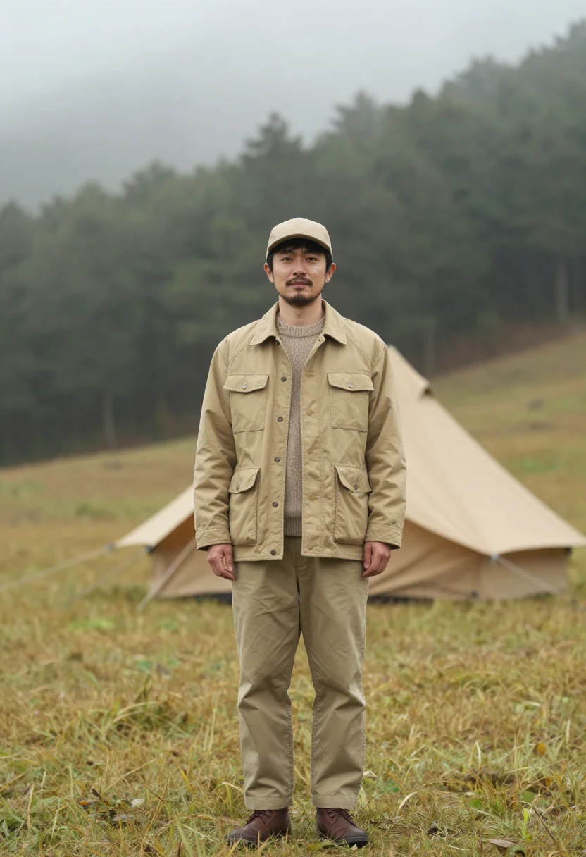 AI snow peak niigata titanium camp khaki men sample — portrait of a man, a Japanese man in his mid-thirties with w