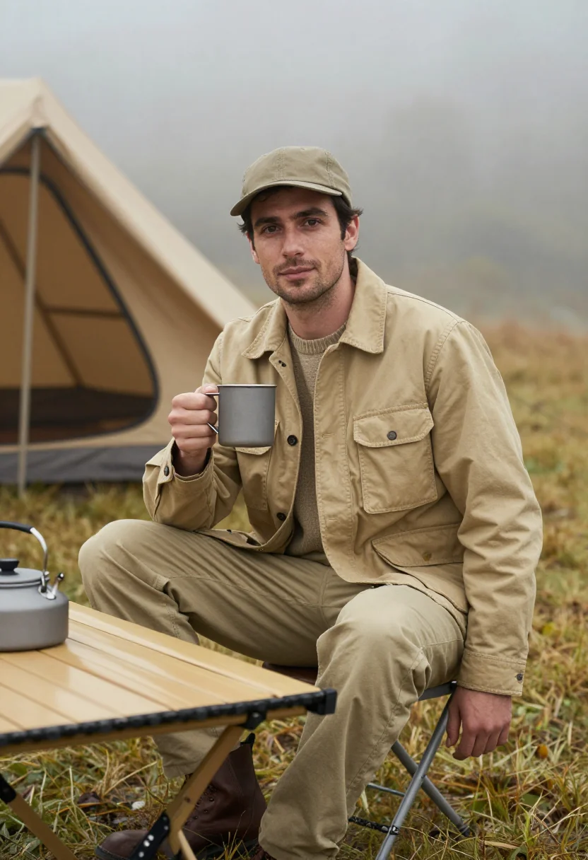 AI snow peak niigata titanium camp khaki men sample — portrait of a man, a French man in his early forties with ol