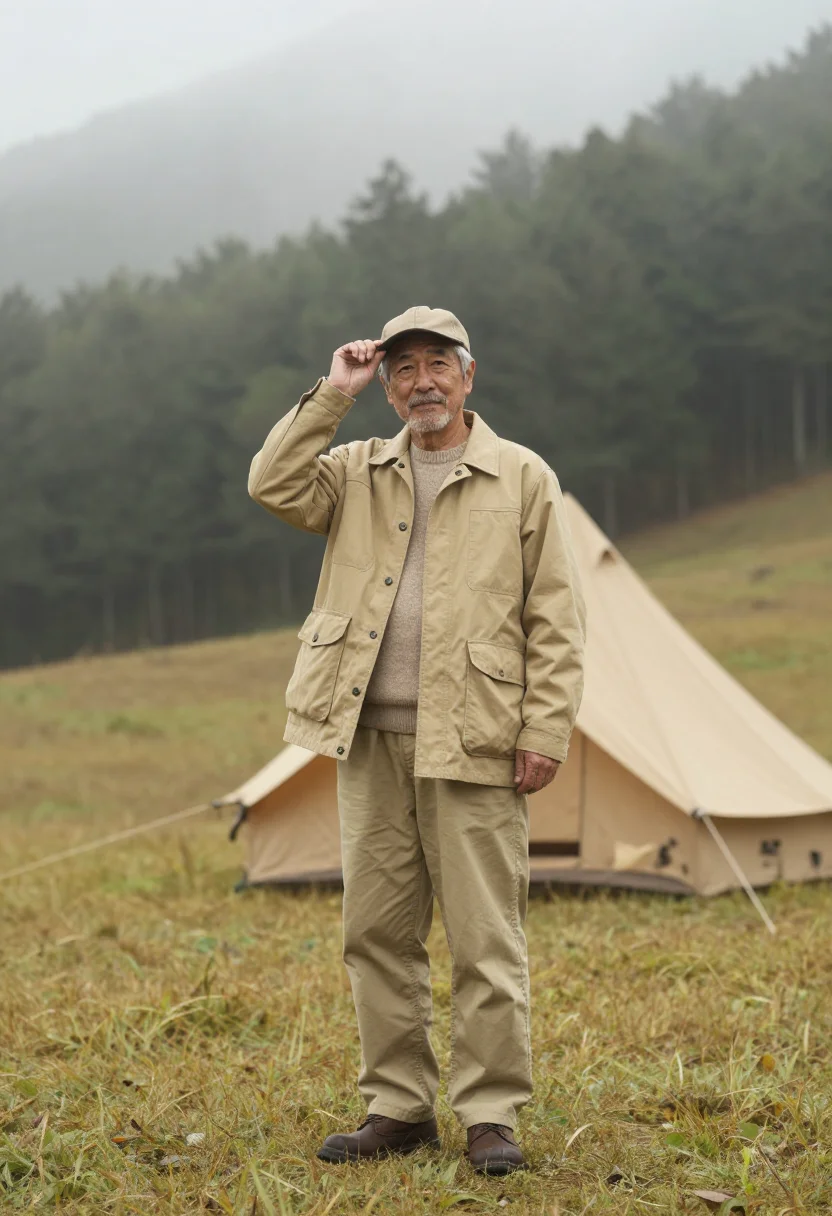 AI snow peak niigata titanium camp khaki men sample — portrait of a man, a Japanese man in his early sixties with