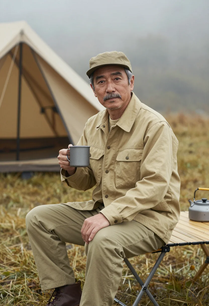 AI snow peak niigata titanium camp khaki men sample — portrait of a man, a Japanese man in his early fifties with