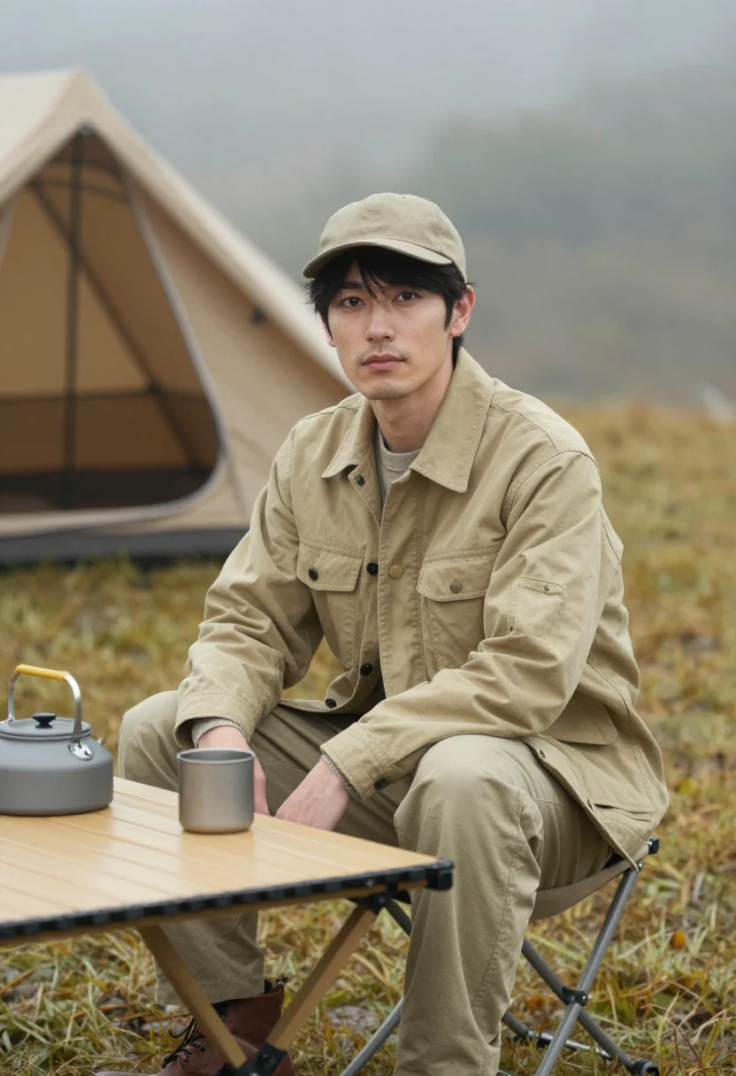 AI snow peak niigata titanium camp khaki men sample — portrait of a man, a Japanese man in his late twenties with