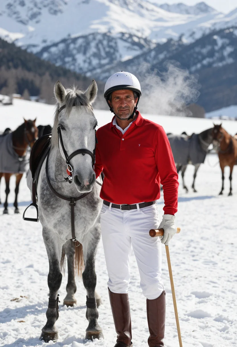 AI snow polo st moritz red sample — portrait of a man, framed three-quarter length from the head