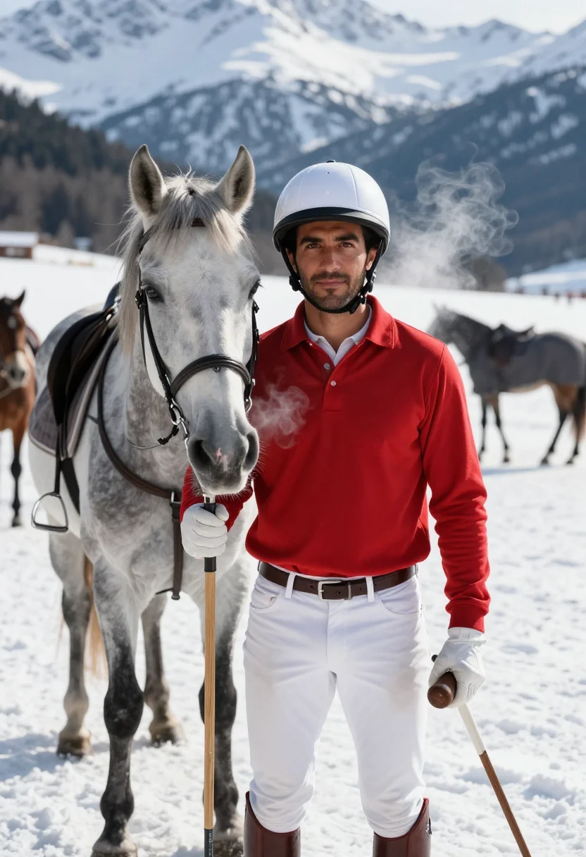 AI snow polo st moritz red sample — portrait of a man, framed tight, head and shoulders, the bod