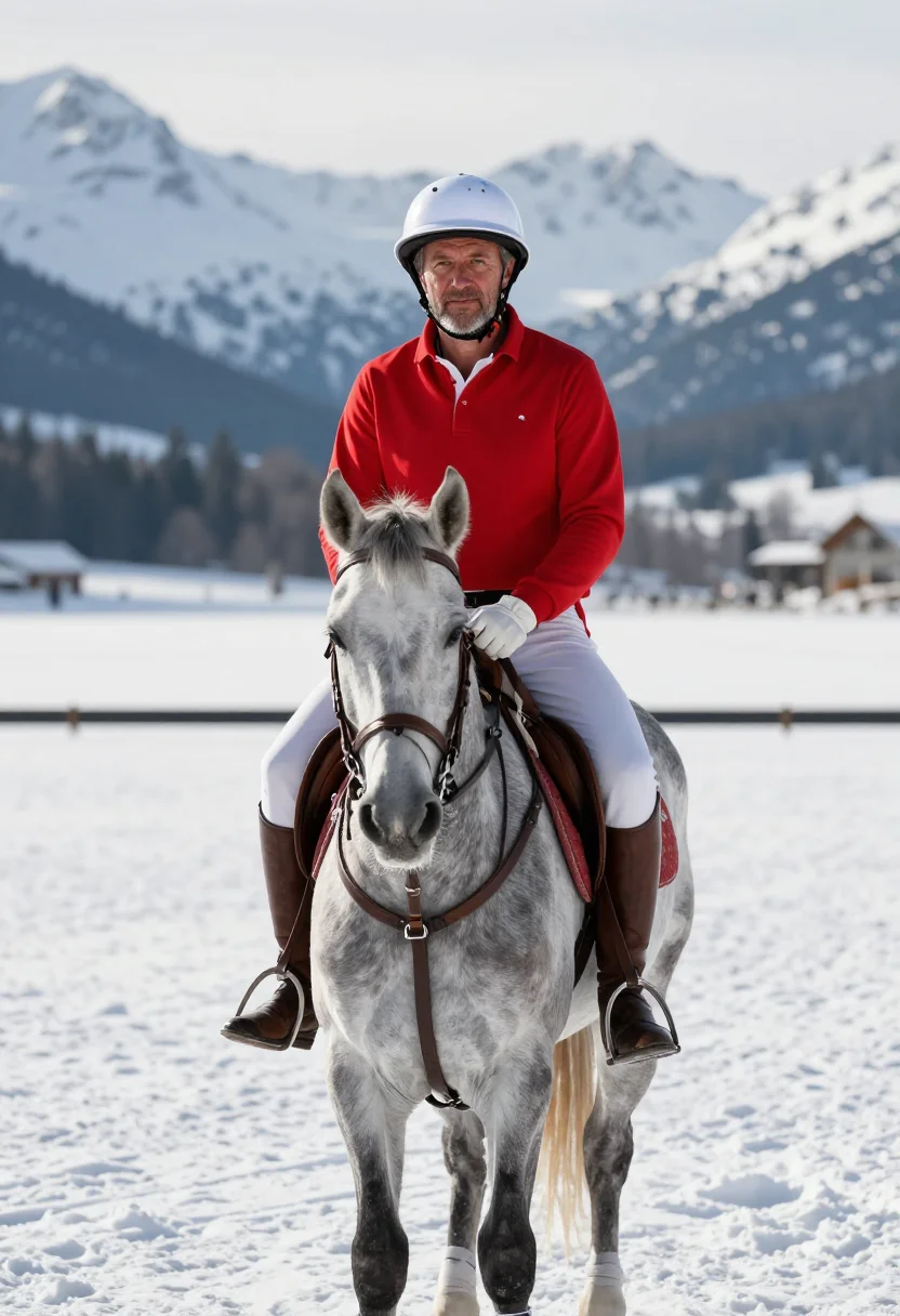 AI snow polo st moritz red sample — portrait of a man, framed chest-up, cropped at the ribs, the