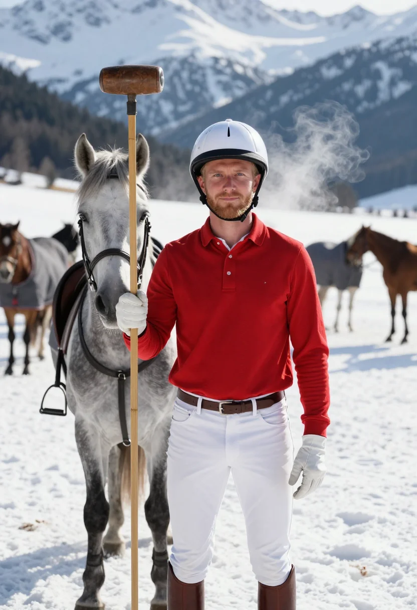 AI snow polo st moritz red sample — portrait of a man, framed chest-up, cropped at the ribs, the