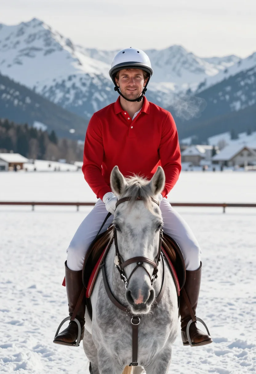 AI snow polo st moritz red sample — portrait of a man, framed tight, head and shoulders, the bod