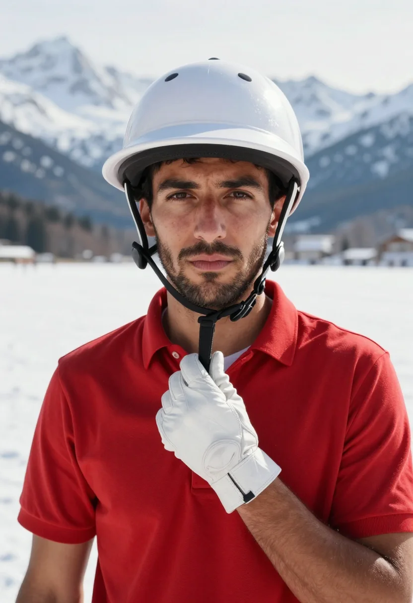 AI snow polo st moritz red sample — portrait of a man, framed chest-up, cropped at the ribs, the