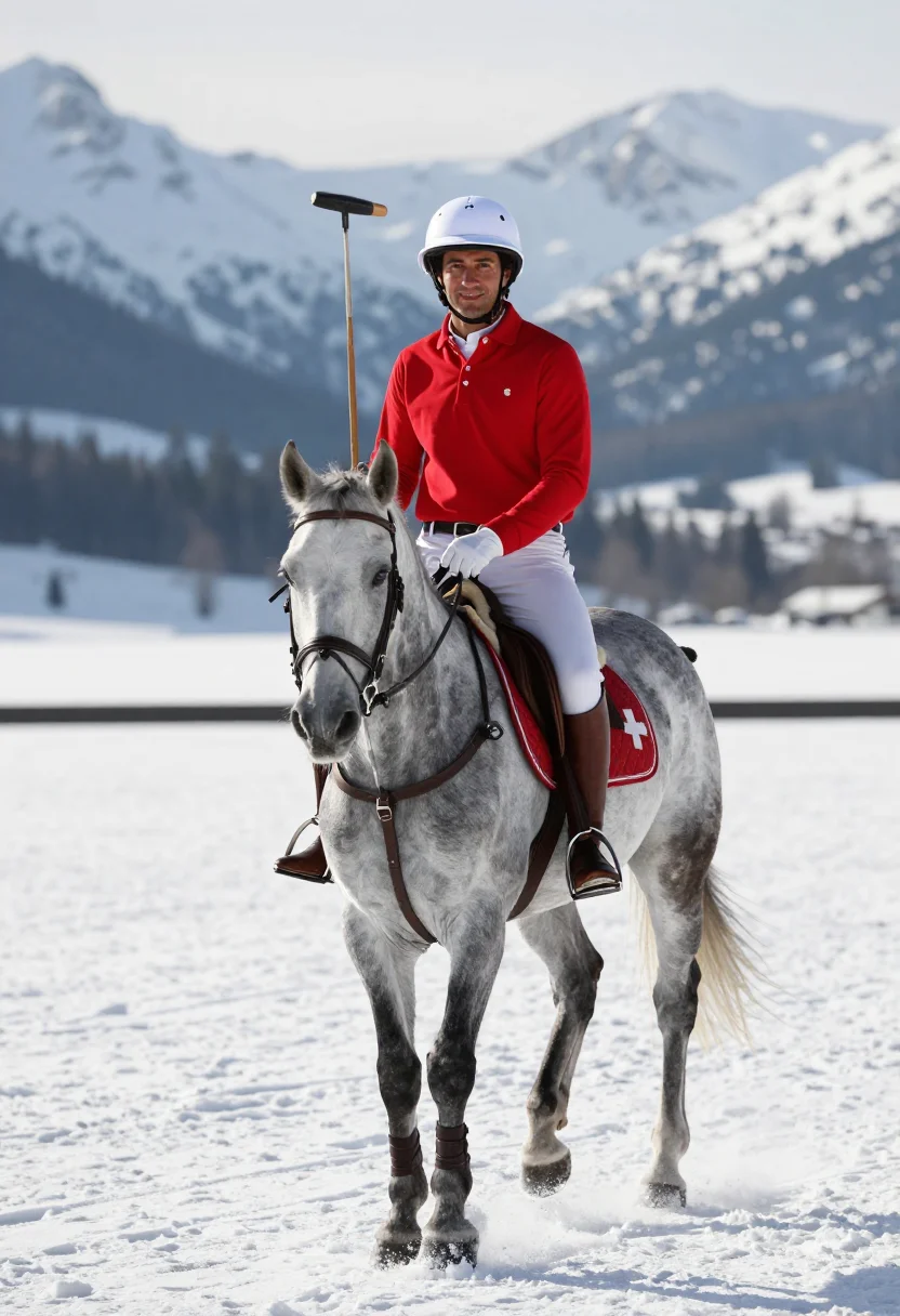 AI snow polo st moritz red sample — portrait of a man, framed full-length from the helmet to the