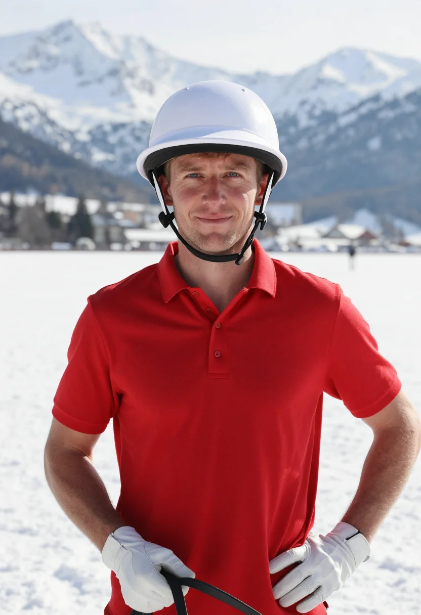 AI snow polo st moritz red sample — portrait of a man, framed half-length from the head to the h
