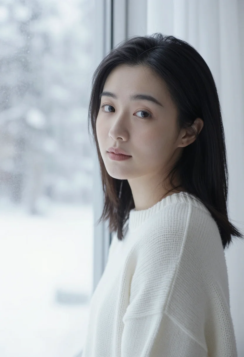 AI snow window headshot sample — portrait of a woman, head-and-shoulders portrait of an East-