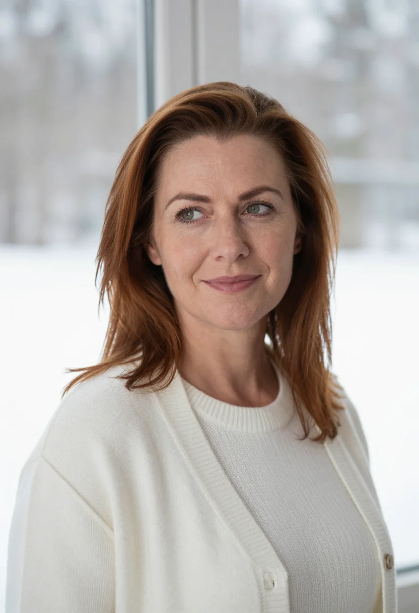 AI snow window headshot sample — portrait of a woman, head-and-shoulders portrait of a Wester