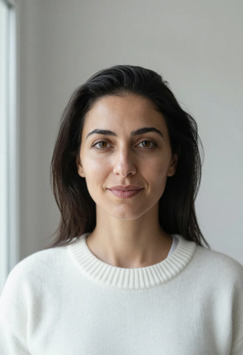 AI snow window headshot sample — portrait of a woman, head-and-shoulders portrait of a Medite