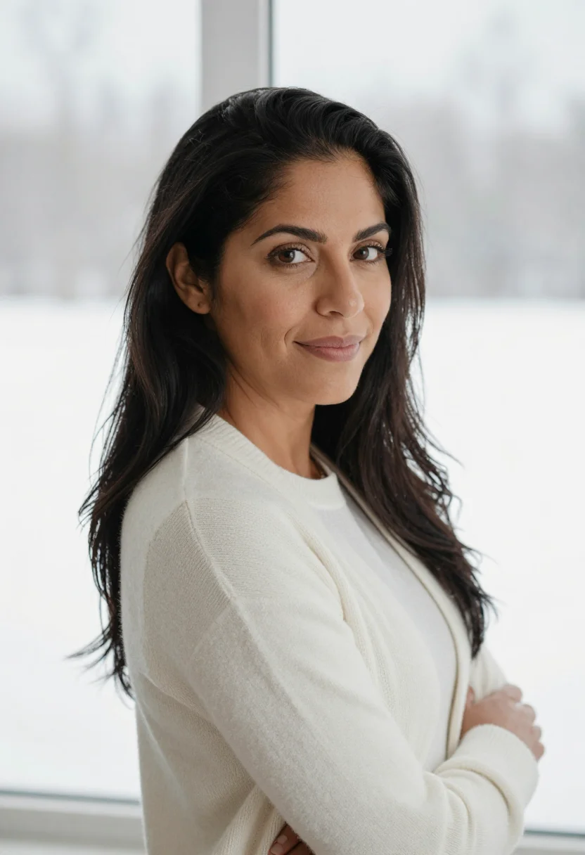AI snow window headshot sample — portrait of a woman, chest-up portrait of a Latin-American w