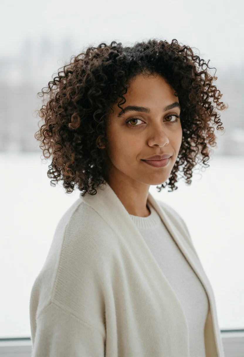 AI snow window headshot sample — portrait of a woman, close headshot of a woman of mixed heri