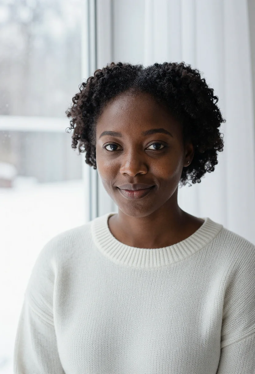 AI snow window headshot sample — portrait of a woman, close headshot of a Black woman of West