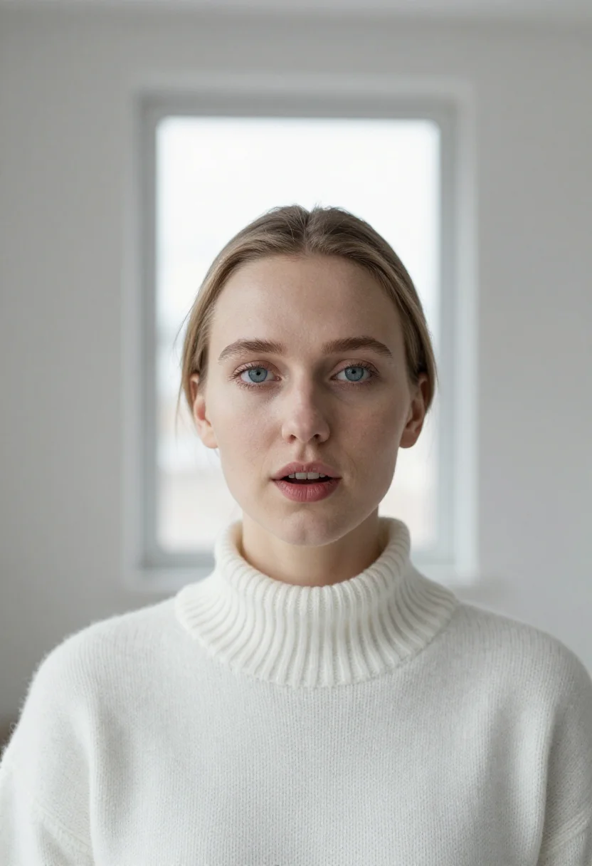 AI snow window headshot sample — portrait of a woman, close headshot of a Nordic woman in her