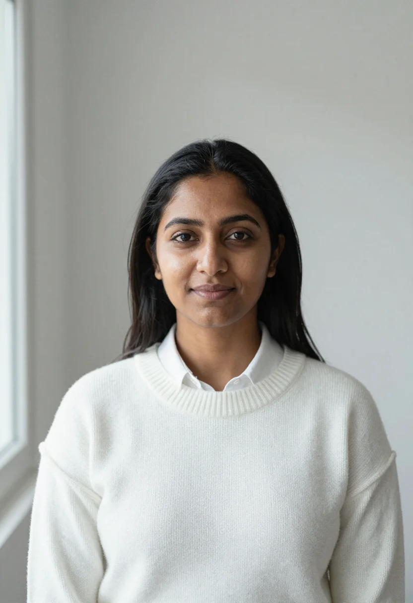 AI snow window headshot sample — portrait of a woman, chest-up portrait of a South-Asian woma