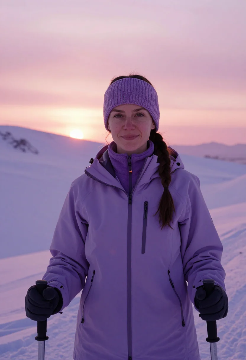 AI snowshoe ridge lavender sample — portrait of a woman, chest-up three-quarter portrait of a We
