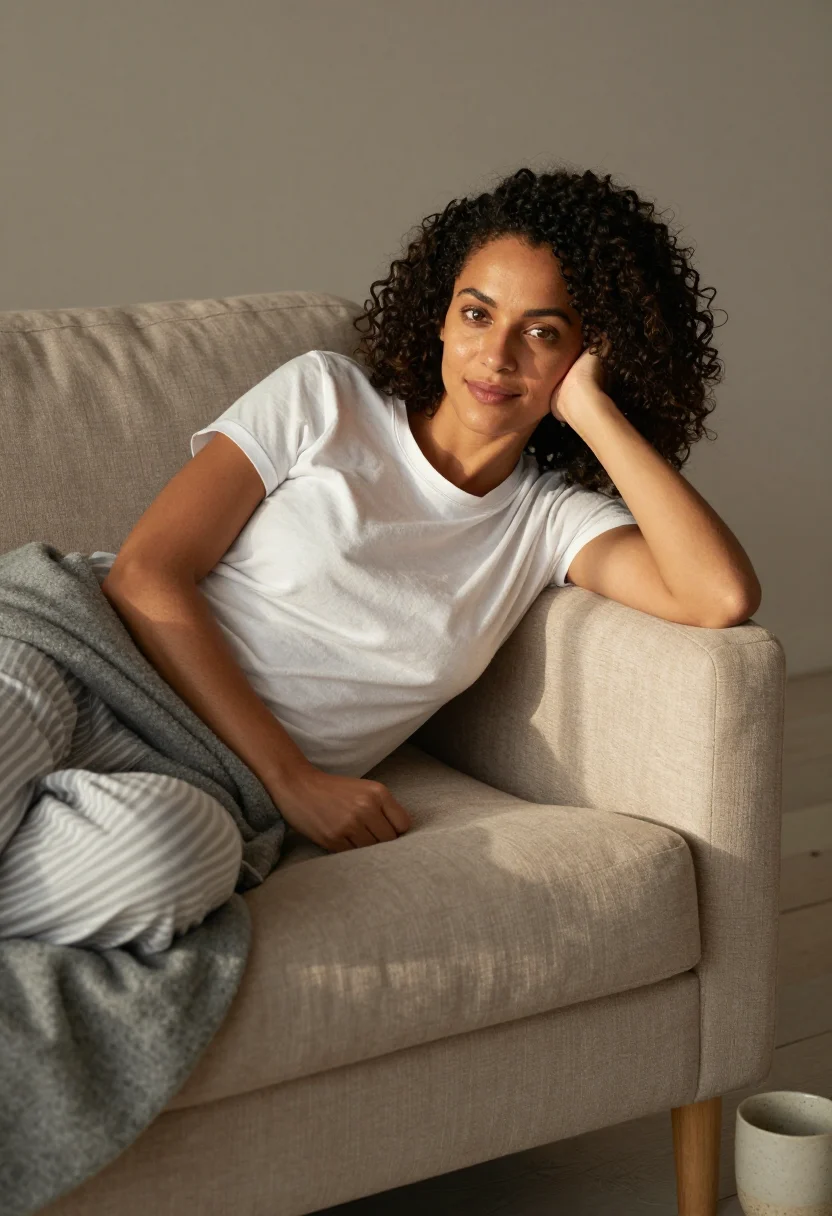 AI sofa sunday sample — portrait of a woman, three-quarter-length reclining portrait