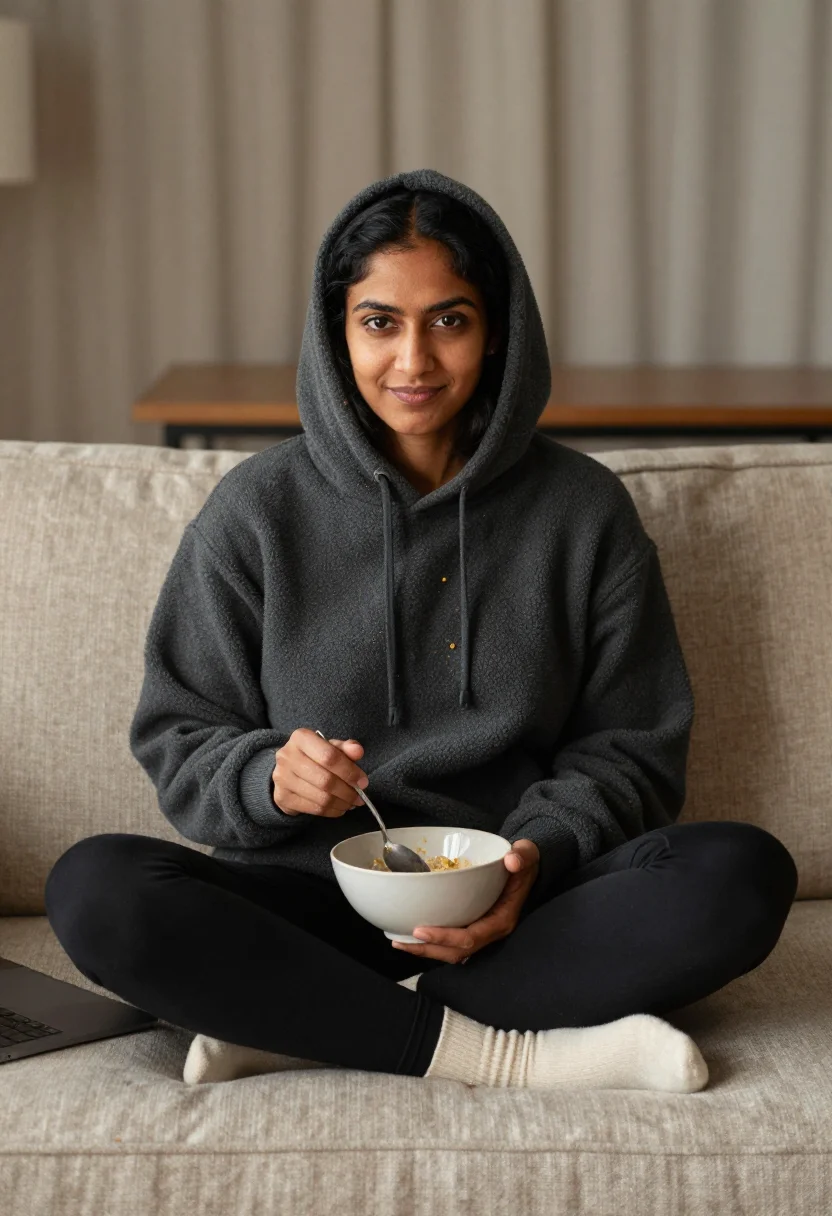 AI sofa sunday sample — portrait of a woman, waist-up portrait of a South-Asian woma