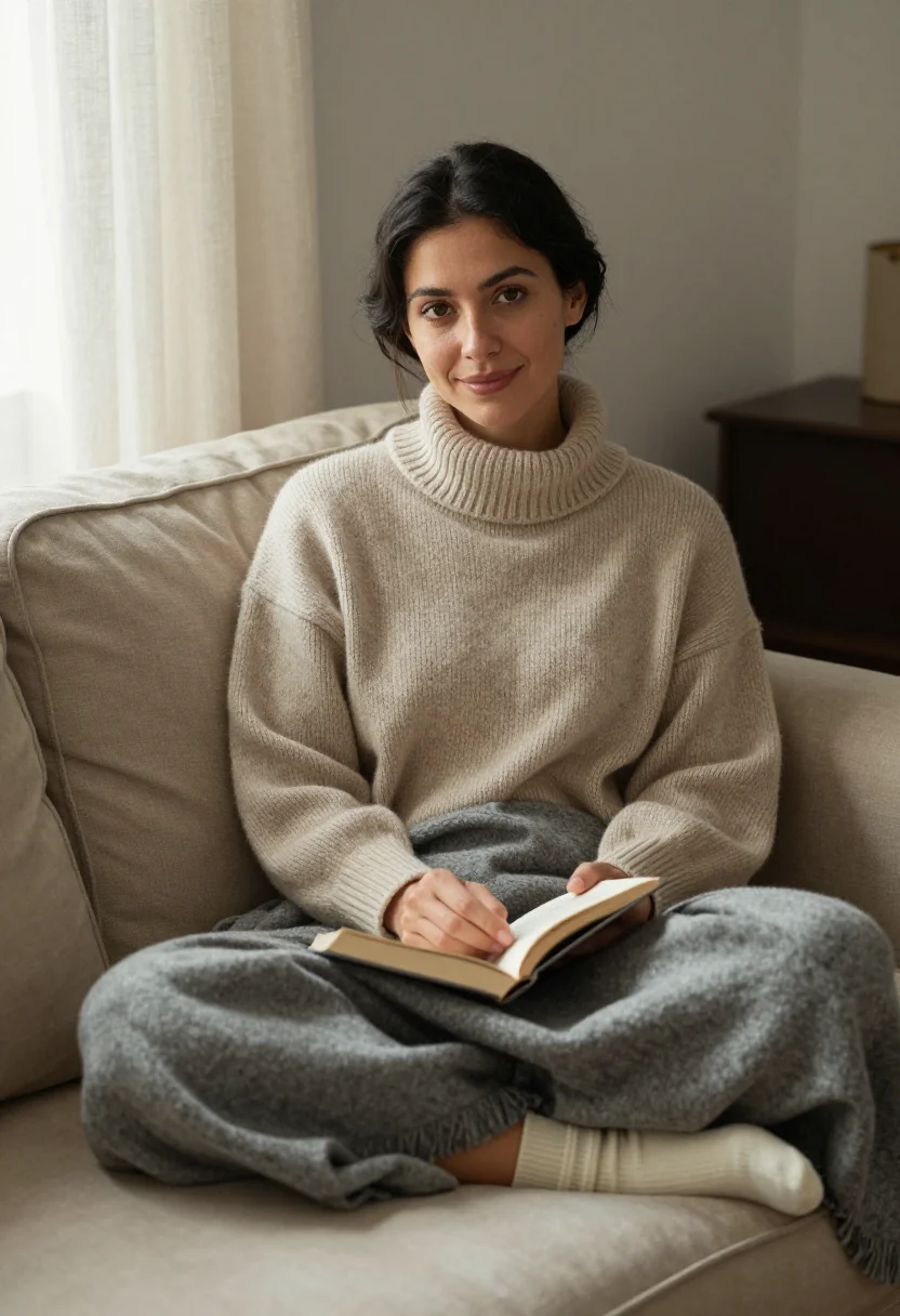 AI sofa sunday sample — portrait of a woman, waist-up portrait of a Western-European