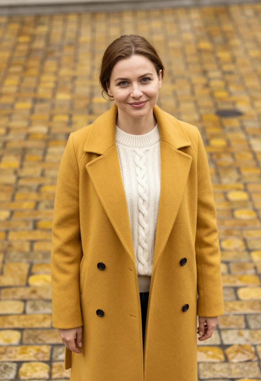 AI sofia lawyer yellow cobbles sample — portrait of a woman, in her late twenties with fair skin, gr