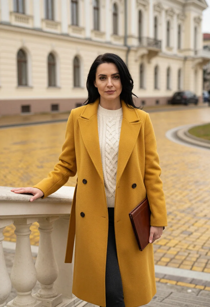 AI sofia lawyer yellow cobbles sample — portrait of a woman, in her forties with golden olive skin,