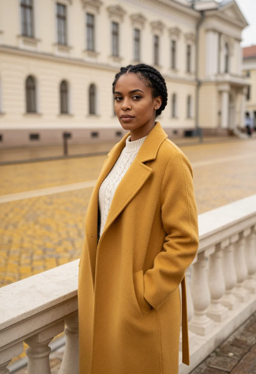 AI sofia lawyer yellow cobbles sample — portrait of a woman, in her mid-thirties with deep brown ski