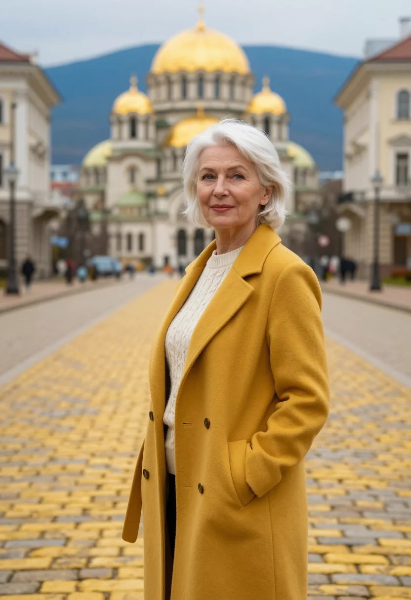 AI sofia lawyer yellow cobbles sample — portrait of a woman, in her sixties with fair skin, blue eye