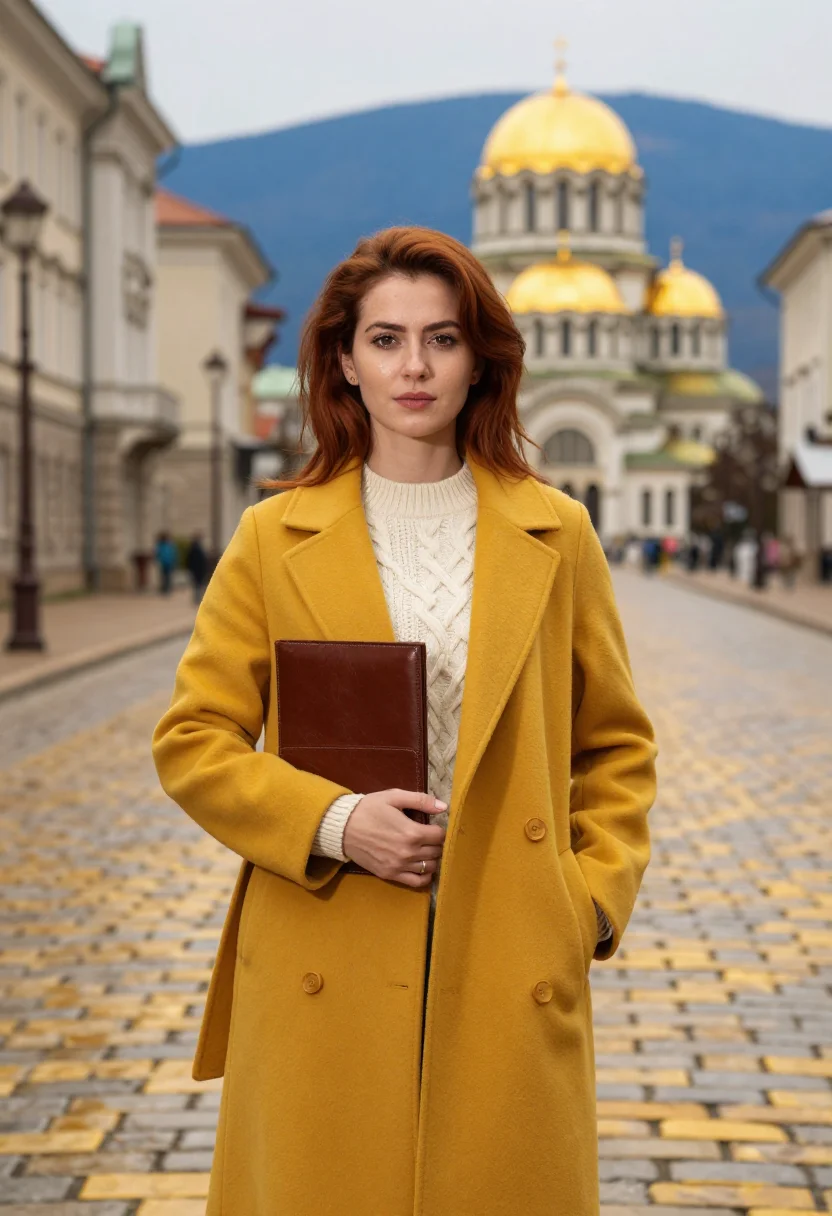 AI sofia lawyer yellow cobbles sample — portrait of a woman, in her twenties with olive skin, brown