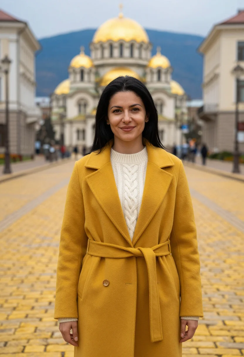 AI sofia lawyer yellow cobbles sample — portrait of a woman, in her late thirties with warm tawny sk