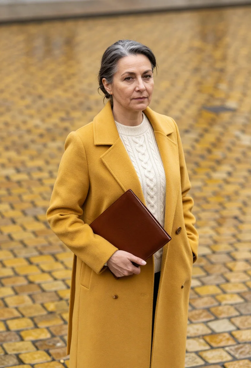 AI sofia lawyer yellow cobbles sample — portrait of a woman, in her fifties with warm honey skin, br