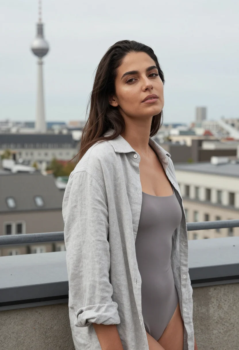 AI soho house berlin rooftop pool concrete sample — portrait of a woman, an Italian member in her late twenties