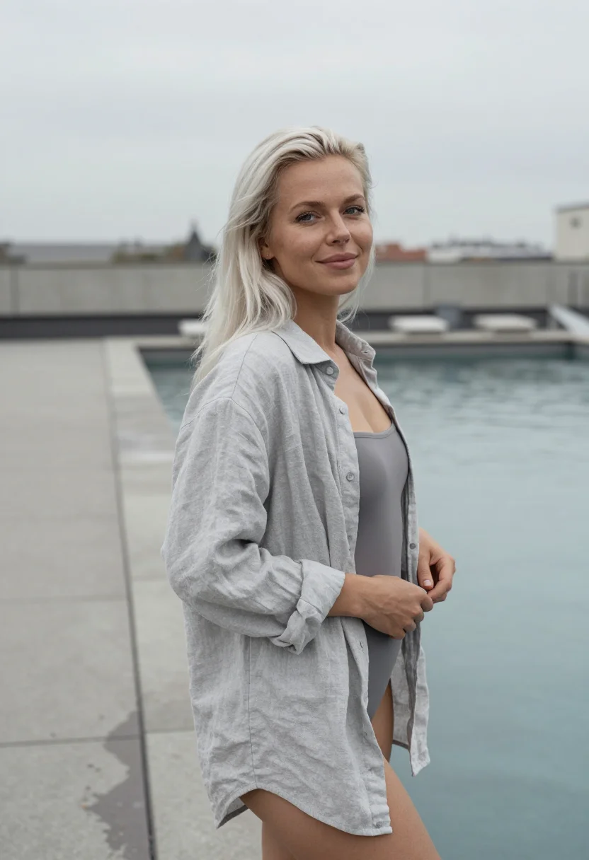 AI soho house berlin rooftop pool concrete sample — portrait of a woman, a Danish member in her late twenties wi
