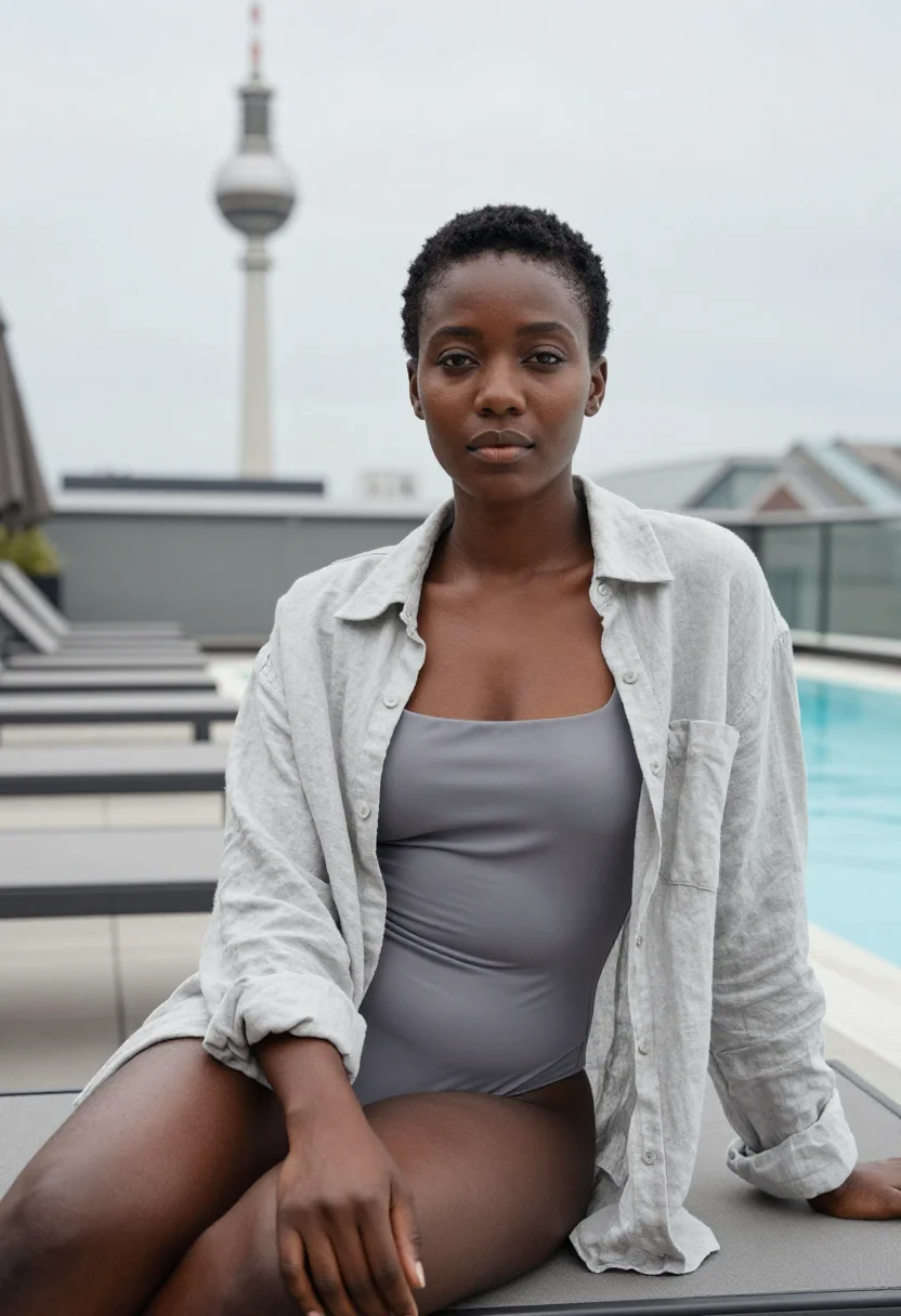AI soho house berlin rooftop pool concrete sample — portrait of a woman, a Ghanaian-German member in her early t
