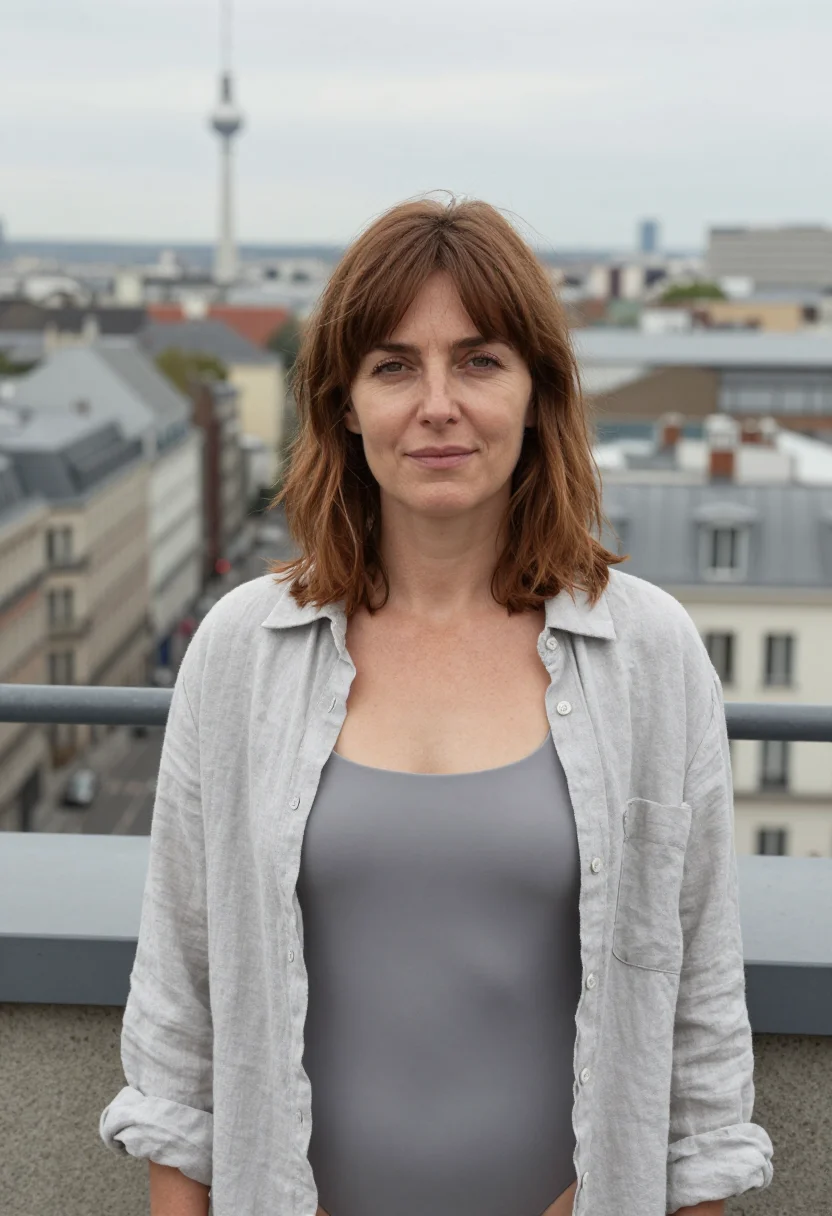 AI soho house berlin rooftop pool concrete sample — portrait of a woman, a British member in her mid-forties wit