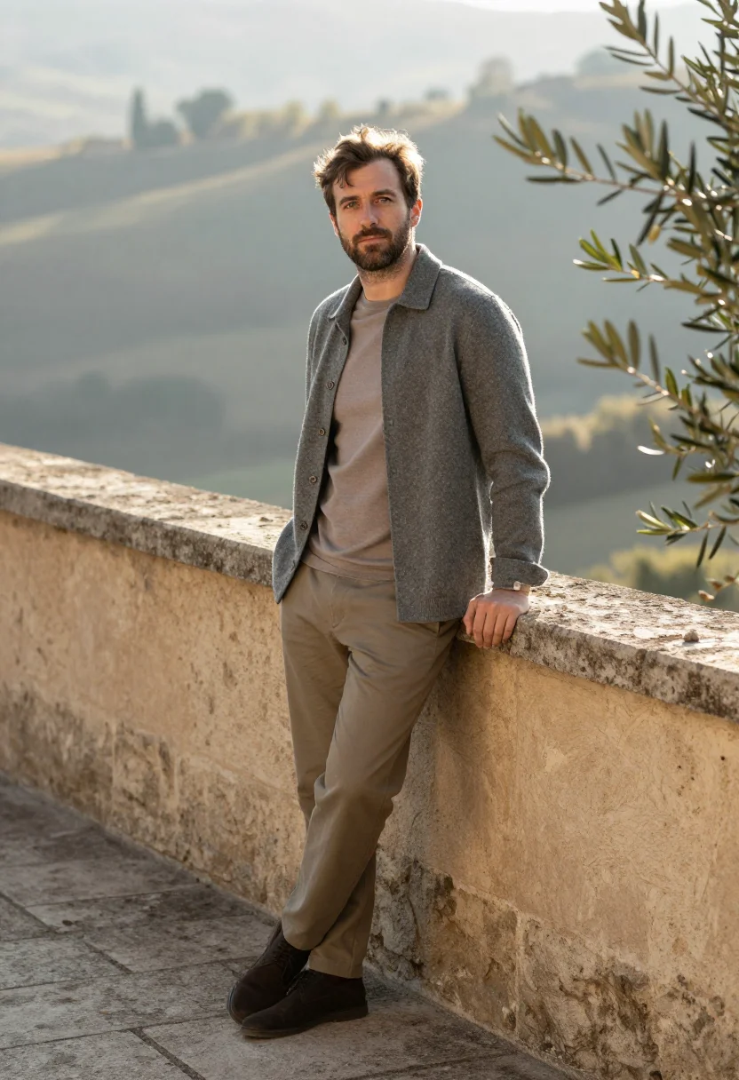 AI solomeo greige sample — portrait of a man, full-length portrait of a Western-Europea