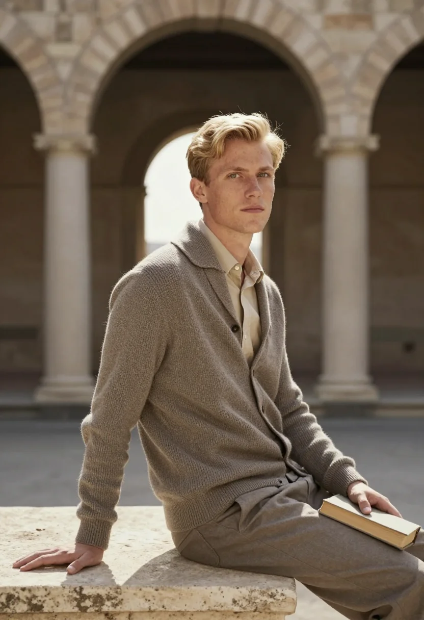 AI solomeo greige sample — portrait of a man, waist-up portrait of a Western-European m