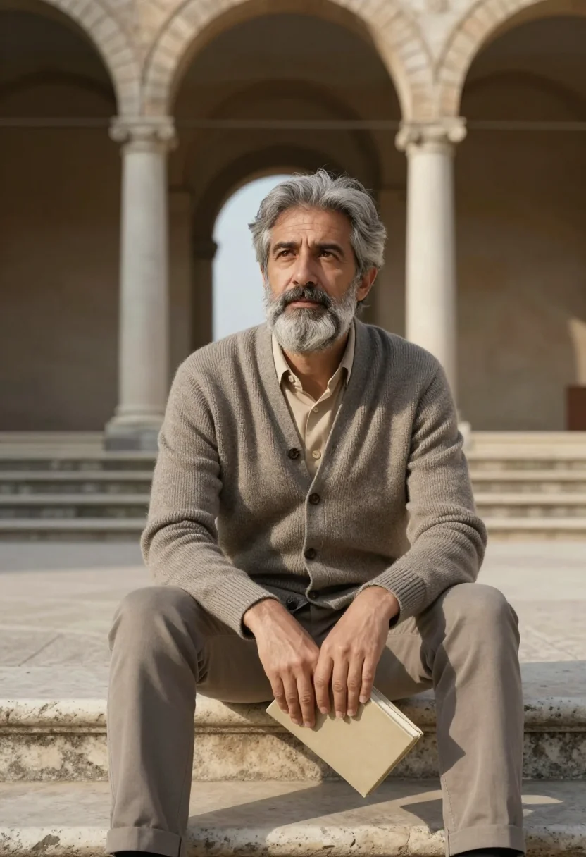 AI solomeo greige sample — portrait of a man, three-quarter-length portrait of an Itali