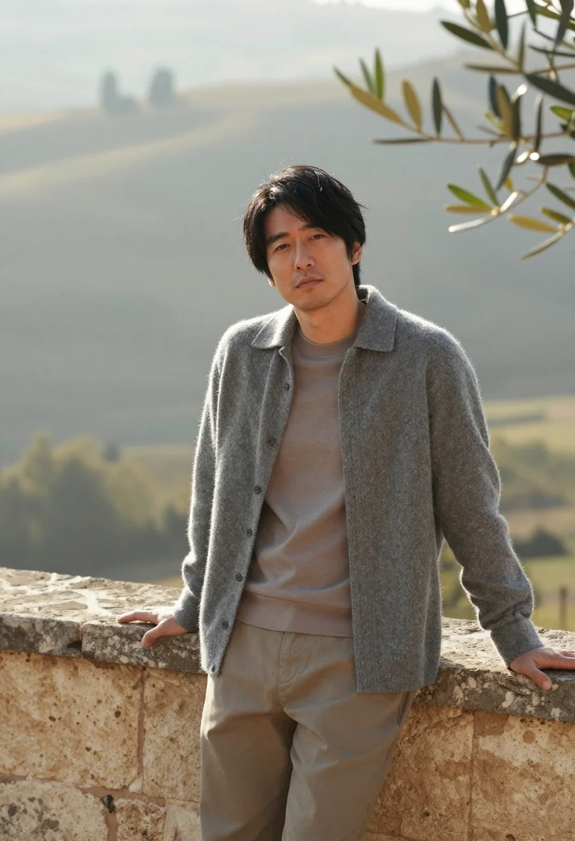 AI solomeo greige sample — portrait of a man, waist-up portrait of a Japanese-Italian m