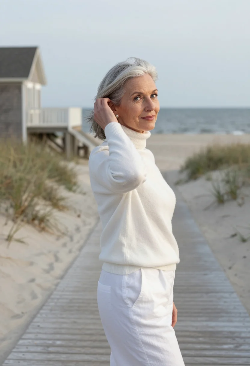 AI somethings gotta give hamptons white turtleneck sample — portrait of a woman, a playwright in her early sixties of En